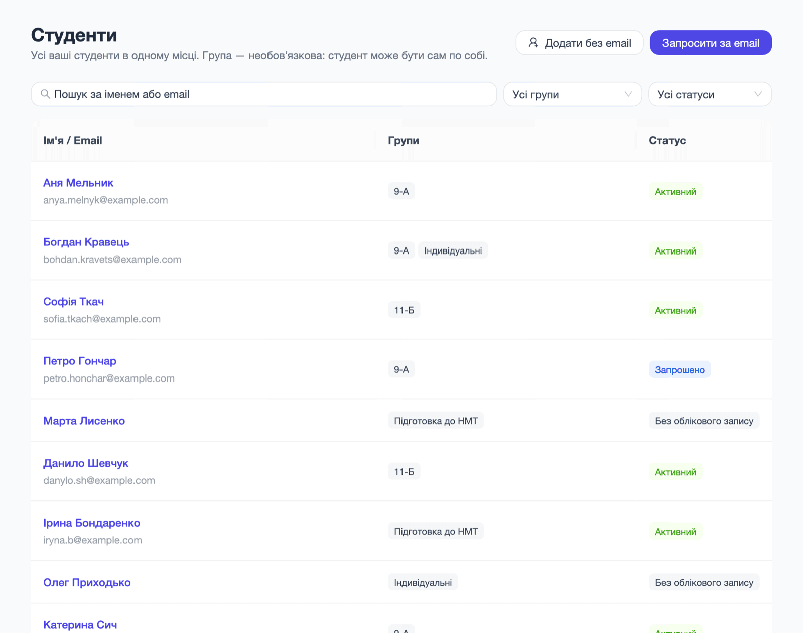 Сторінка «Студенти»: пошук за іменем або email, фільтри за групою й статусом, і таблиця, де кожен студент показаний з усіма своїми групами та статусом — активний, запрошено або без облікового запису.