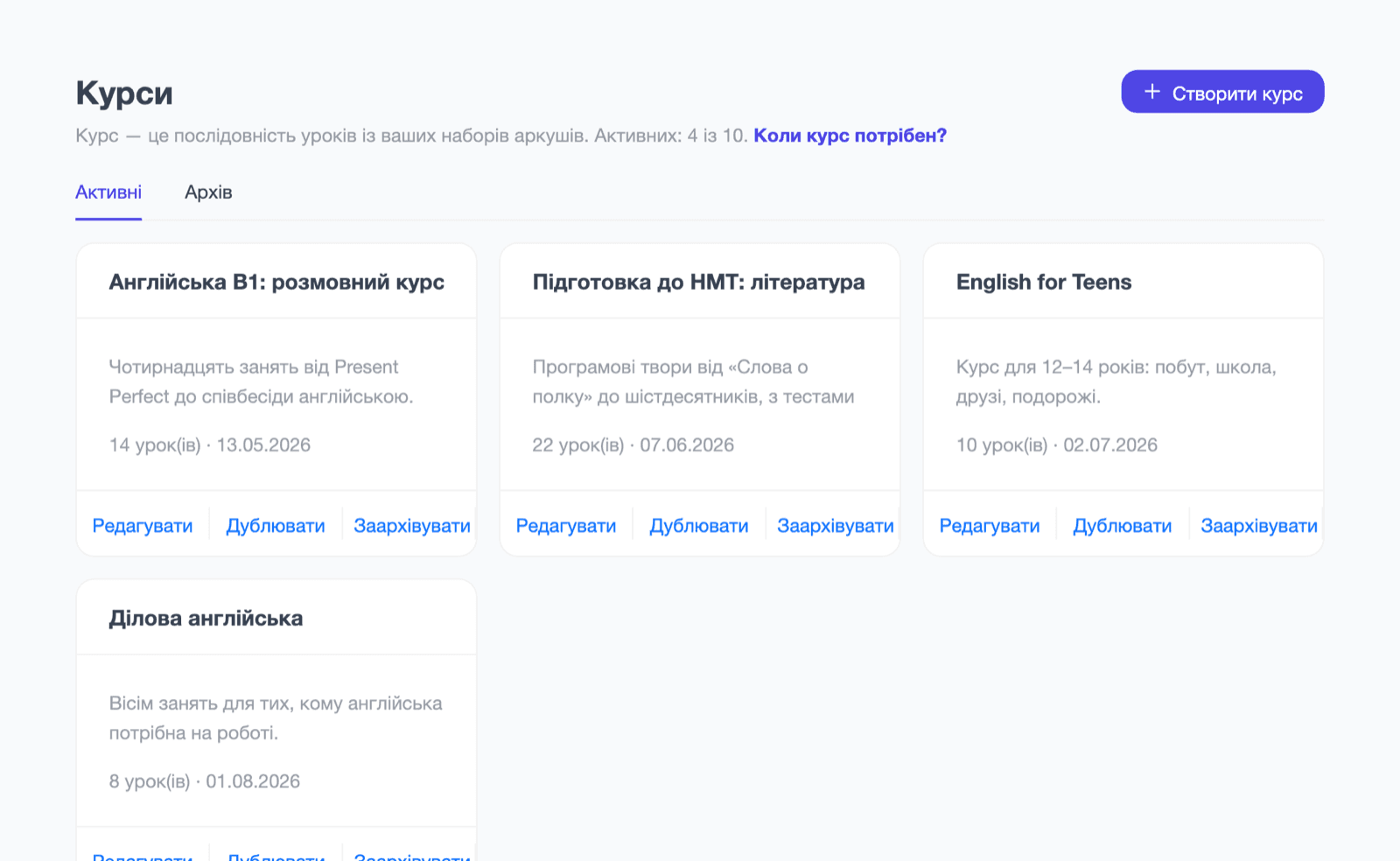 Сторінка «Курси»: вкладки «Активні» та «Архів», лічильник активних курсів і картка курсу з кнопками «Редагувати», «Дублювати», «Заархівувати».